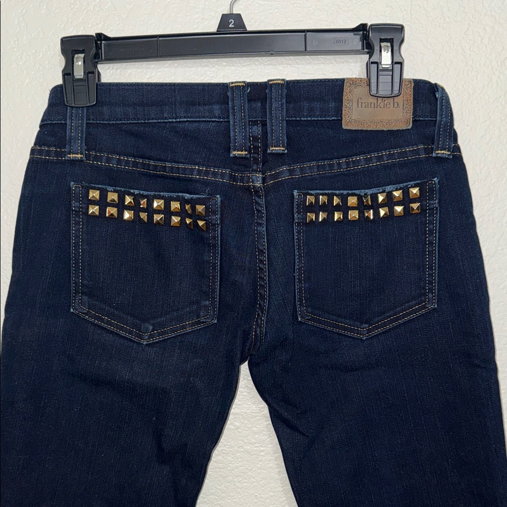 Frankie B. Dark Blue Boot Cut Jeans with Gold Studs